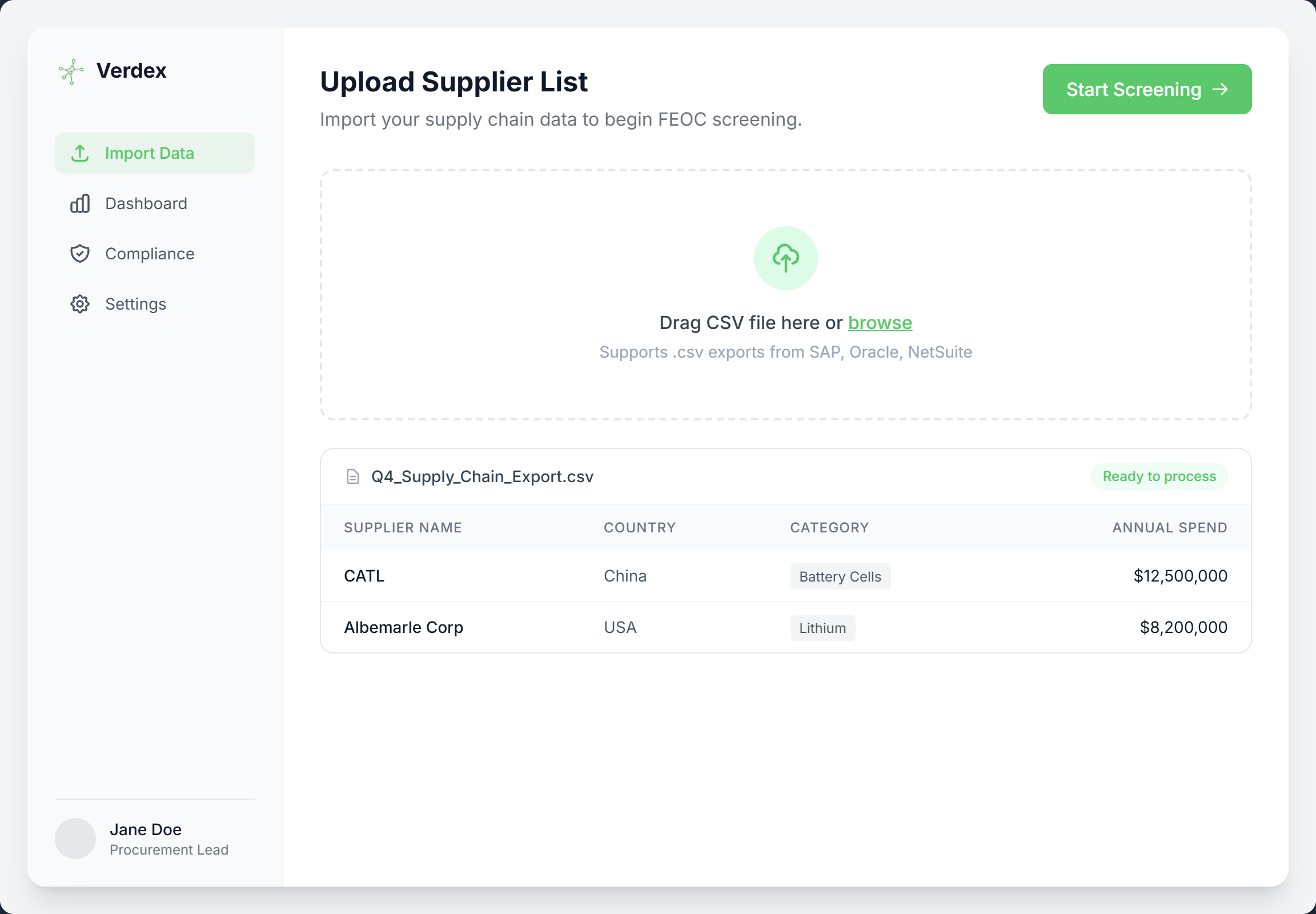 Upload supplier data interface